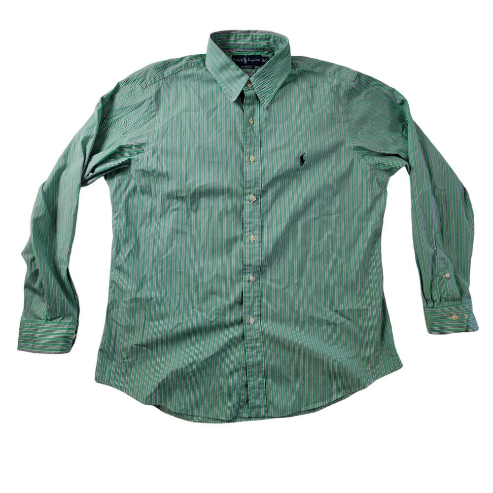 Ralph Lauren Vintage Y2K 90s Striped Green Button Up Shirt Custom Fit 17 34 35